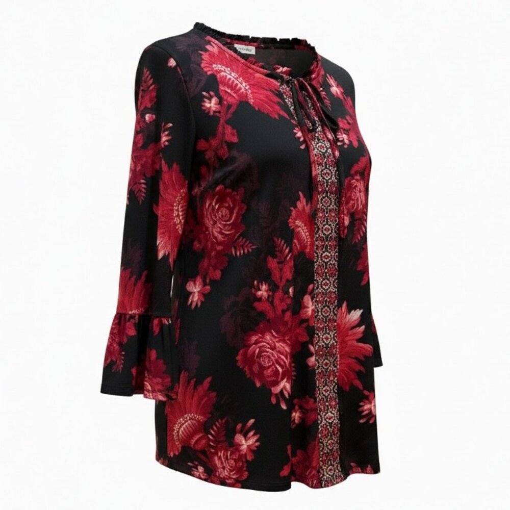 JM Collection Red & Black Floral Sparkle Bell Sleeve Tie Front Tunic Top